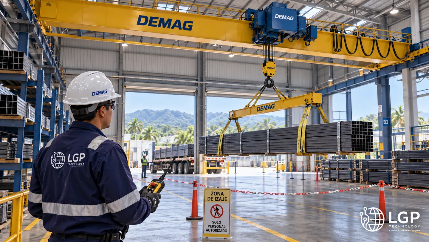 Grúa Demag moviendo materiales en una planta de manufactura