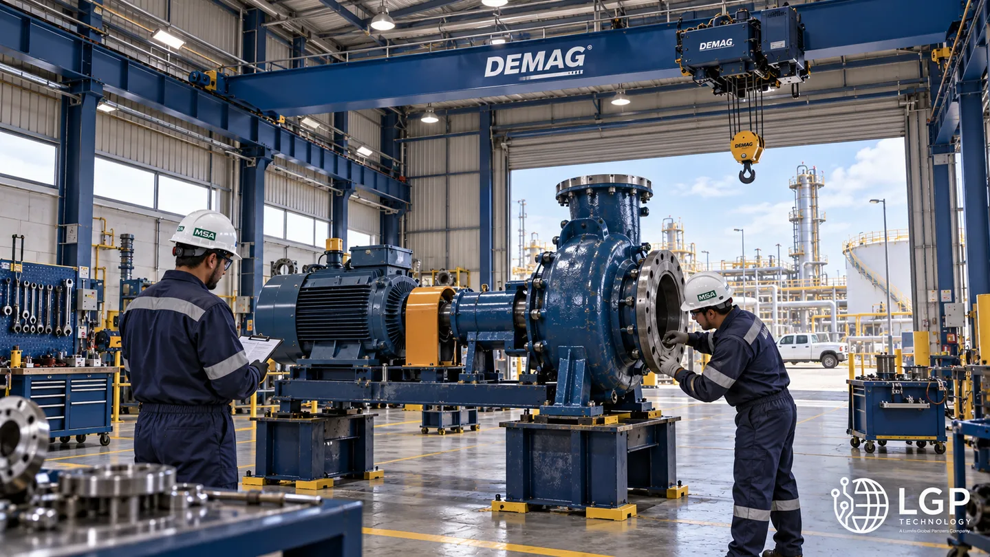 Grúa puente Demag sobre un equipo industrial